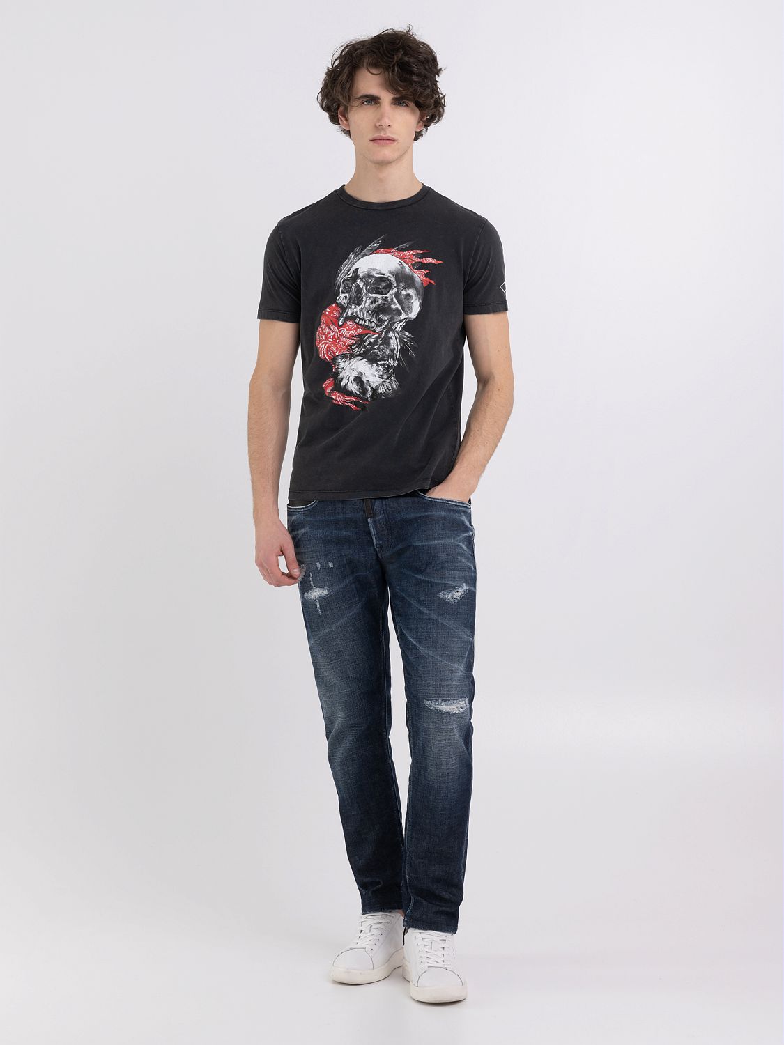 REPLAY JERSEY T-SHIRT WITH SKULL AND WOLF PRINT